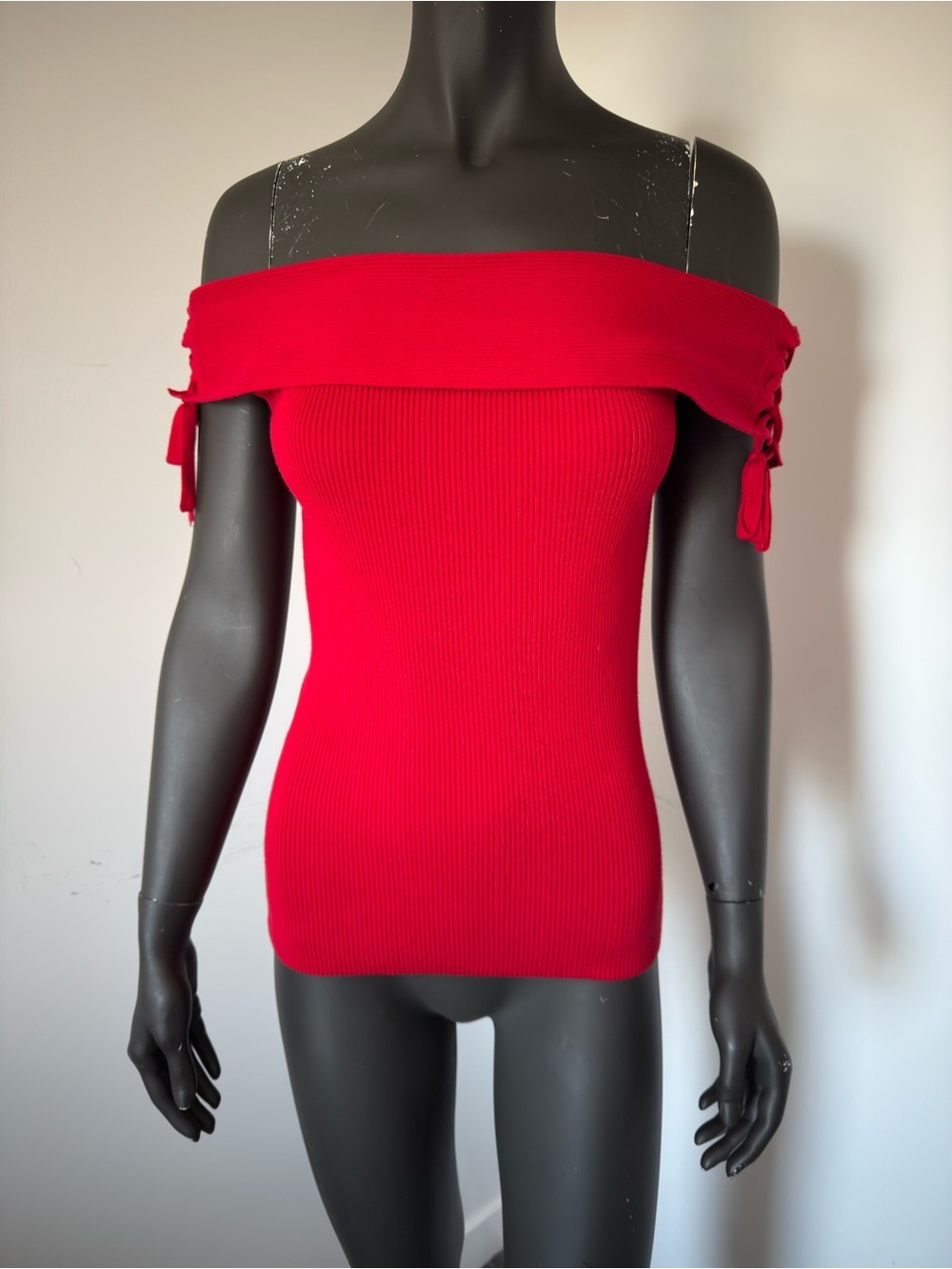 394. Le Chateau Off-Shoulder Red Ribbed Women’s Sweater Top